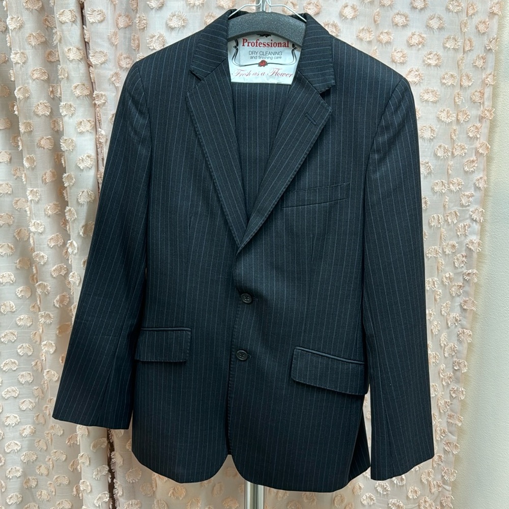 Men’s 2PC Suit Dark Grey With White and Blue Lines